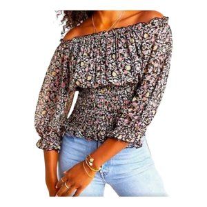 Anthropologie XS Smocked On Off Shoulder 3/4 Sleeve Ditsy Floral Print Blou…